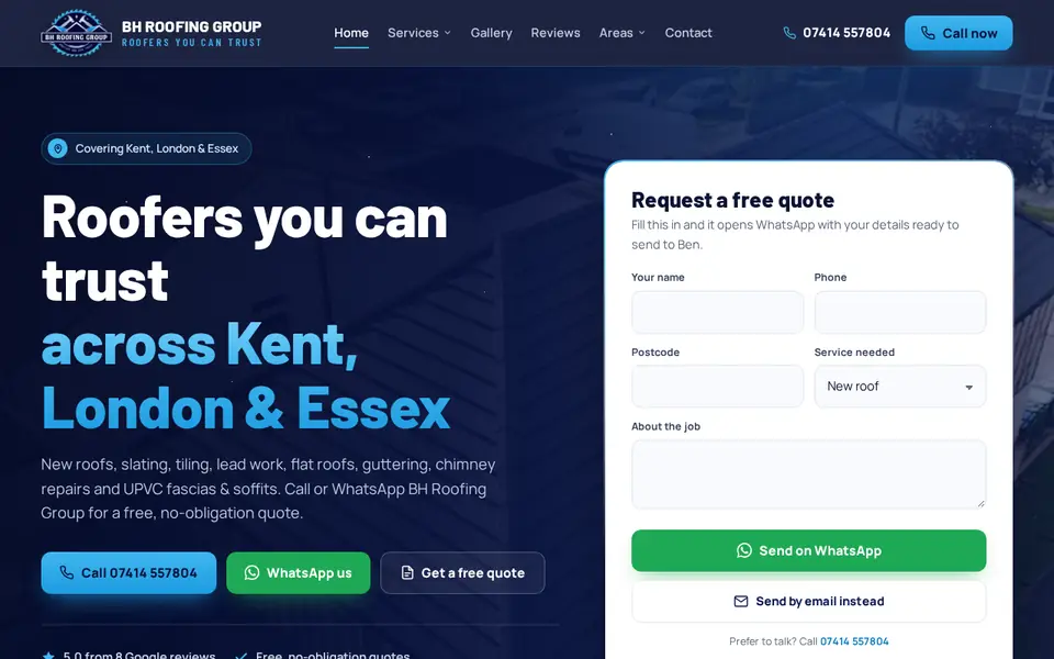 BH Roofing Group website home page on a laptop