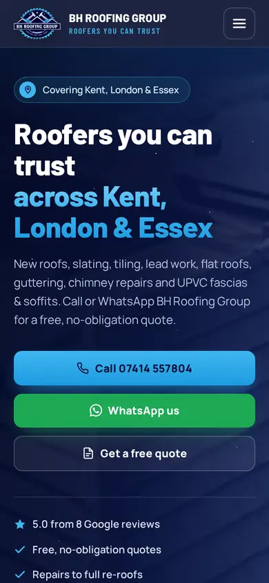 BH Roofing Group website on a phone, with call and WhatsApp buttons